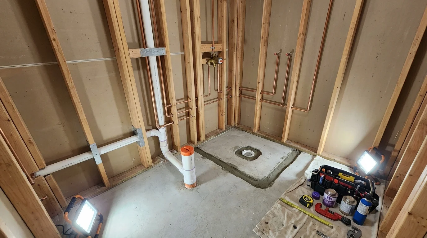 Bathroom rough-in plumbing during remodel by Johns Plumbing LLC in Sunland