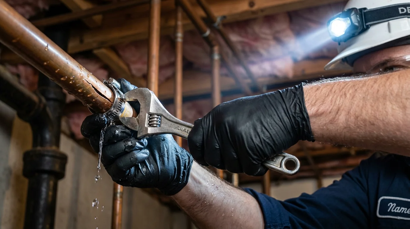 Emergency pipe clamp repair being performed by a Johns Plumbing LLC plumber in Sunland